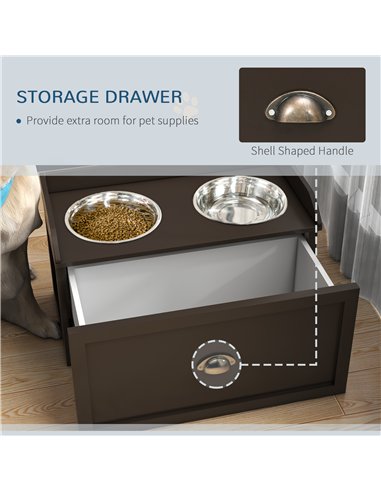 PawHut Stainless Steel Raised Dog Bowls, with 21L Storage Drawer for Large Dogs - Brown