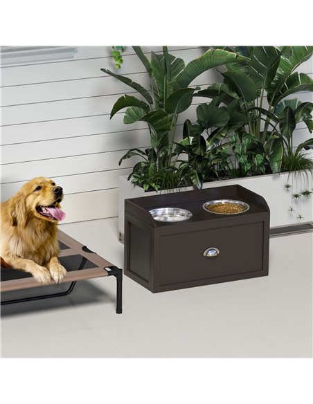 PawHut Stainless Steel Raised Dog Bowls, with 21L Storage Drawer for Large Dogs - Brown - pic 146485 | FastDaddyshop