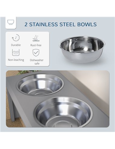 PawHut Raised Dog Feeding Bowls with Stand, Stainless Steel for Medium Dog, 58L x 31W x 25H cm - Grey
