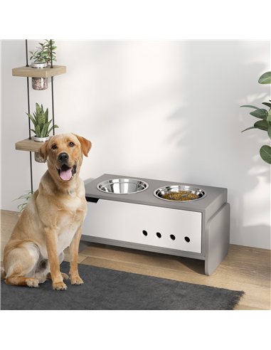 PawHut 3 Height Adjustable Raised Dog Bowls, Dog Feeding Storage Station w/ Slow Feeder Mat, 2 Stainless Steel Bowls