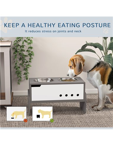 PawHut 3 Height Adjustable Raised Dog Bowls, Dog Feeding Storage Station w/ Slow Feeder Mat, 2 Stainless Steel Bowls