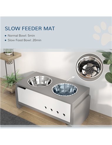 PawHut 3 Height Adjustable Raised Dog Bowls, Dog Feeding Storage Station w/ Slow Feeder Mat, 2 Stainless Steel Bowls