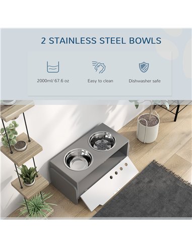 PawHut 3 Height Adjustable Raised Dog Bowls, Dog Feeding Storage Station w/ Slow Feeder Mat, 2 Stainless Steel Bowls