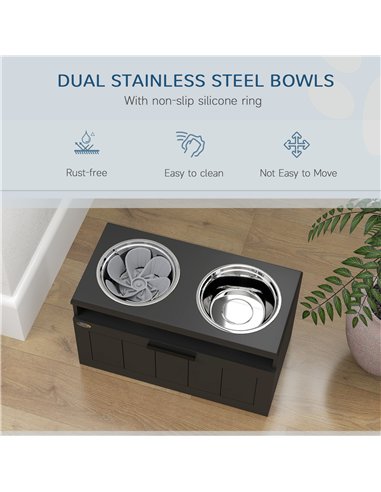 PawHut Raised Dog Bowl with Slow Feeder, Two Stainless Steel Dog Bowls, Drawer, for Large and Extra Large Dogs, Black