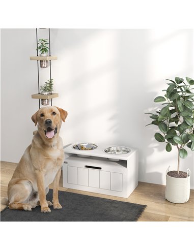 PawHut Raised Dog Bowl with Slow Feeder, Two Stainless Steel Dog Bowls, Drawer, for Large and Extra Large Dogs, White