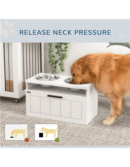 PawHut Raised Dog Bowl with Slow Feeder, Two Stainless Steel Dog Bowls, Drawer, for Large and Extra Large Dogs, White - pic 146535 | FastDaddyshop
