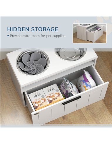 PawHut Raised Dog Bowl with Slow Feeder, Two Stainless Steel Dog Bowls, Drawer, for Large and Extra Large Dogs, White
