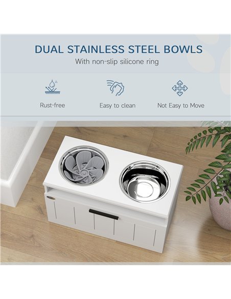 PawHut Raised Dog Bowl with Slow Feeder, Two Stainless Steel Dog Bowls, Drawer, for Large and Extra Large Dogs, White - pic 146537 | FastDaddyshop