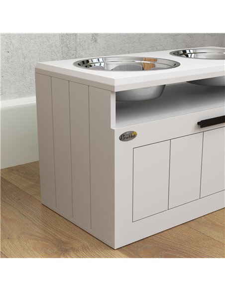 PawHut Raised Dog Bowl with Slow Feeder, Two Stainless Steel Dog Bowls, Drawer, for Large and Extra Large Dogs, White - pic 146538 | FastDaddyshop