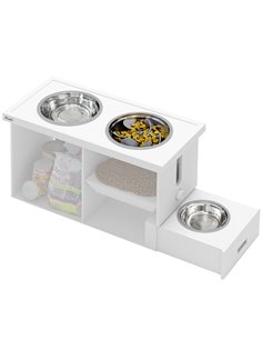 PawHut Raised Dog Bowls w/ Slow Feeder Mat, Storage Cabinet, 3 Stainless Steel Bowls, Semi-Auto Dispenser Function, White