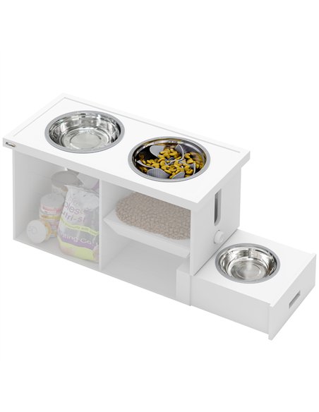 PawHut Raised Dog Bowls w/ Slow Feeder Mat, Storage Cabinet, 3 Stainless Steel Bowls, Semi-Auto Dispenser Function, White - pic 146540 | FastDaddyshop