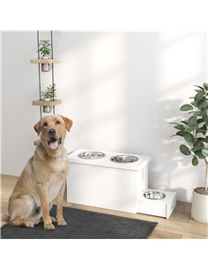 PawHut Raised Dog Bowls w/ Slow Feeder Mat, Storage Cabinet, 3 Stainless Steel Bowls, Semi-Auto Dispenser Function, White 2