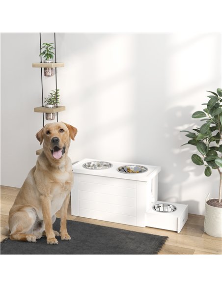PawHut Raised Dog Bowls w/ Slow Feeder Mat, Storage Cabinet, 3 Stainless Steel Bowls, Semi-Auto Dispenser Function, White - pic 146541 | FastDaddyshop