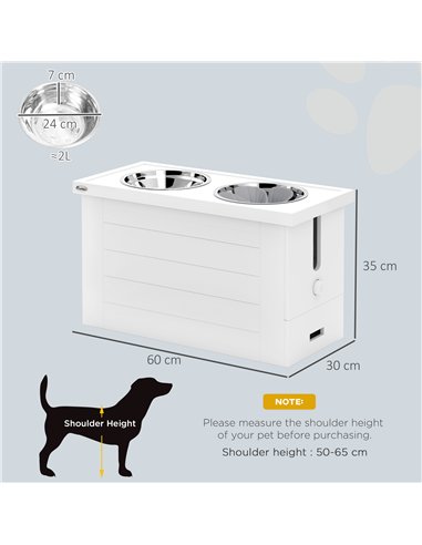 PawHut Raised Dog Bowls w/ Slow Feeder Mat, Storage Cabinet, 3 Stainless Steel Bowls, Semi-Auto Dispenser Function, White