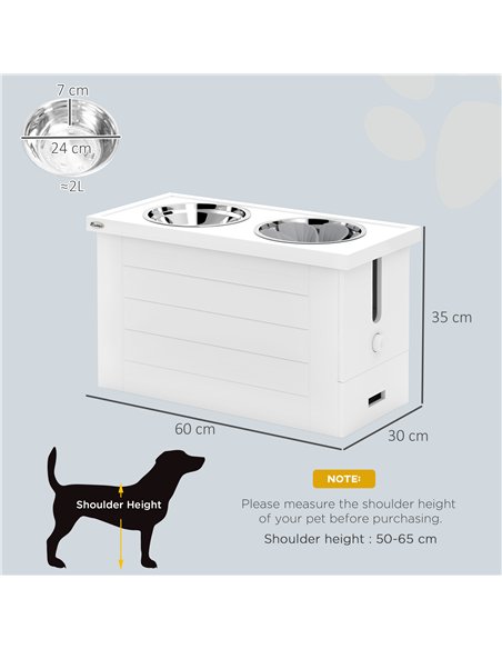PawHut Raised Dog Bowls w/ Slow Feeder Mat, Storage Cabinet, 3 Stainless Steel Bowls, Semi-Auto Dispenser Function, White - pic 146542 | FastDaddyshop