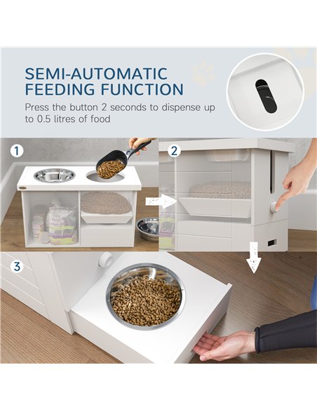 PawHut Raised Dog Bowls w/ Slow Feeder Mat, Storage Cabinet, 3 Stainless Steel Bowls, Semi-Auto Dispenser Function, White - pic 146543 | FastDaddyshop
