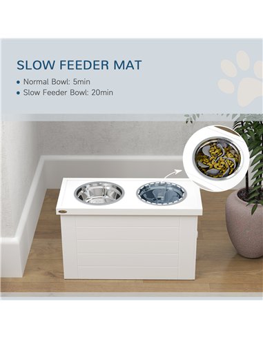 PawHut Raised Dog Bowls w/ Slow Feeder Mat, Storage Cabinet, 3 Stainless Steel Bowls, Semi-Auto Dispenser Function, White