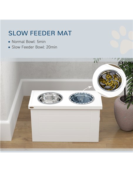 PawHut Raised Dog Bowls w/ Slow Feeder Mat, Storage Cabinet, 3 Stainless Steel Bowls, Semi-Auto Dispenser Function, White - pic 146544 | FastDaddyshop