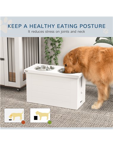 PawHut Raised Dog Bowls w/ Slow Feeder Mat, Storage Cabinet, 3 Stainless Steel Bowls, Semi-Auto Dispenser Function, White