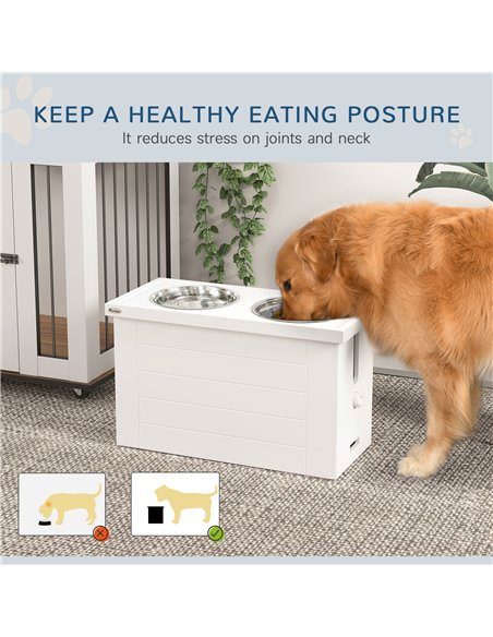 PawHut Raised Dog Bowls w/ Slow Feeder Mat, Storage Cabinet, 3 Stainless Steel Bowls, Semi-Auto Dispenser Function, White - pic 146545 | FastDaddyshop