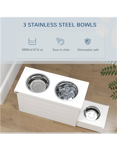 PawHut Raised Dog Bowls w/ Slow Feeder Mat, Storage Cabinet, 3 Stainless Steel Bowls, Semi-Auto Dispenser Function, White