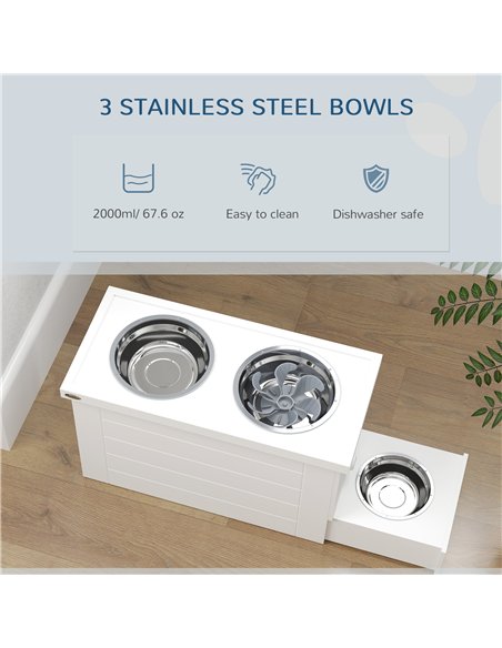 PawHut Raised Dog Bowls w/ Slow Feeder Mat, Storage Cabinet, 3 Stainless Steel Bowls, Semi-Auto Dispenser Function, White - pic 146546 | FastDaddyshop