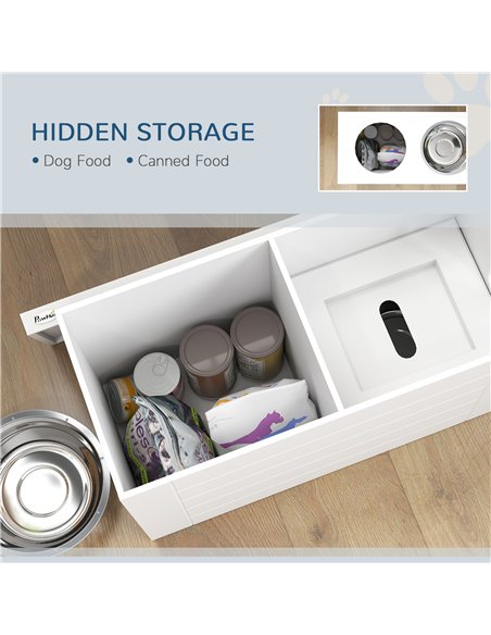 PawHut Raised Dog Bowls w/ Slow Feeder Mat, Storage Cabinet, 3 Stainless Steel Bowls, Semi-Auto Dispenser Function, White - pic 146547 | FastDaddyshop
