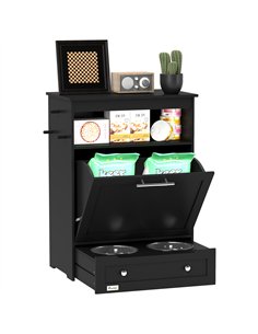 PawHut Pet Feeder Station, Dog, Cat Storage Container, with Raised Bowls, Hanger, Cabinet - Black