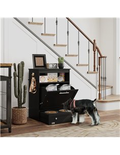 PawHut Pet Feeder Station, Dog, Cat Storage Container, with Raised Bowls, Hanger, Cabinet - Black 2