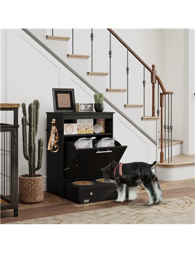 PawHut Pet Feeder Station, Dog, Cat Storage Container, with Raised Bowls, Hanger, Cabinet - Black