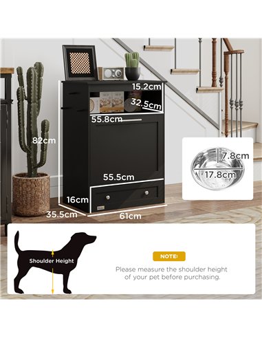PawHut Pet Feeder Station, Dog, Cat Storage Container, with Raised Bowls, Hanger, Cabinet - Black
