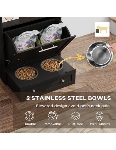 PawHut Pet Feeder Station, Dog, Cat Storage Container, with Raised Bowls, Hanger, Cabinet - Black