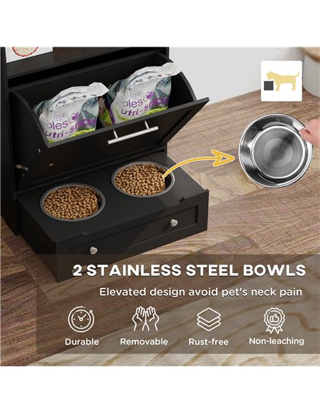 PawHut Pet Feeder Station, Dog, Cat Storage Container, with Raised Bowls, Hanger, Cabinet - Black - pic 146552 | FastDaddyshop