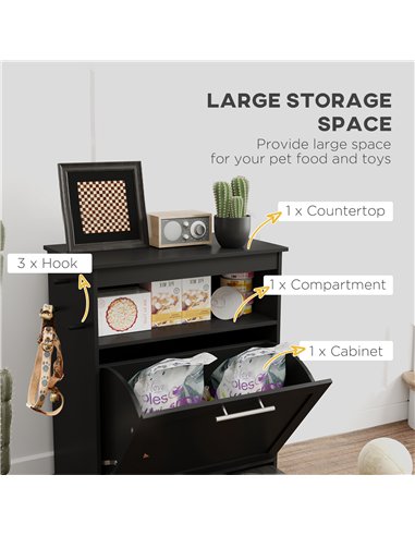 PawHut Pet Feeder Station, Dog, Cat Storage Container, with Raised Bowls, Hanger, Cabinet - Black
