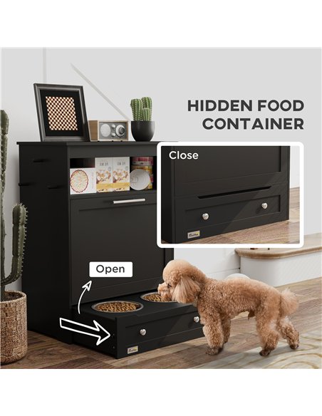 PawHut Pet Feeder Station, Dog, Cat Storage Container, with Raised Bowls, Hanger, Cabinet - Black - pic 146554 | FastDaddyshop