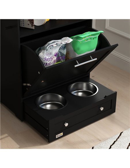 PawHut Pet Feeder Station, Dog, Cat Storage Container, with Raised Bowls, Hanger, Cabinet - Black - pic 146557 | FastDaddyshop