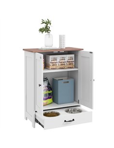 PawHut Pet Feeding Station with Raised Dog Bowls, Adjustable Panel, Hooks, Dog Food Storage Cabinet, White
