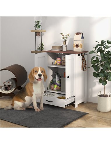 PawHut Pet Feeding Station with Raised Dog Bowls, Adjustable Panel, Hooks, Dog Food Storage Cabinet, White