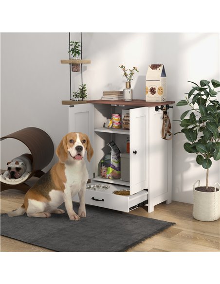 PawHut Pet Feeding Station with Raised Dog Bowls, Adjustable Panel, Hooks, Dog Food Storage Cabinet, White - pic 146559 | FastDaddyshop