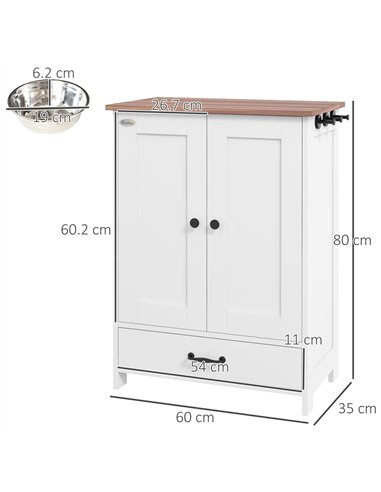 PawHut Pet Feeding Station with Raised Dog Bowls, Adjustable Panel, Hooks, Dog Food Storage Cabinet, White