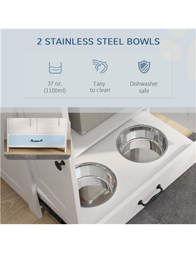 PawHut Pet Feeding Station with Raised Dog Bowls, Adjustable Panel, Hooks, Dog Food Storage Cabinet, White