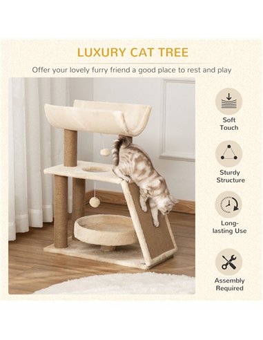 PawHut Cat Tree Tower, with Scratching Posts, Pad, Bed, Perch, Toy Ball - Light Brown