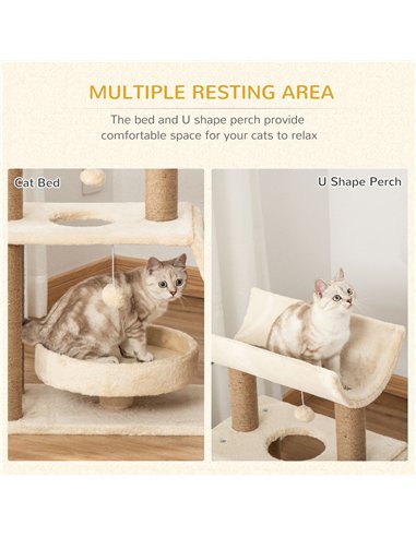 PawHut Cat Tree Tower, with Scratching Posts, Pad, Bed, Perch, Toy Ball - Light Brown