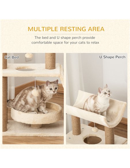 PawHut Cat Tree Tower, with Scratching Posts, Pad, Bed, Perch, Toy Ball - Light Brown - pic 146571 | FastDaddyshop
