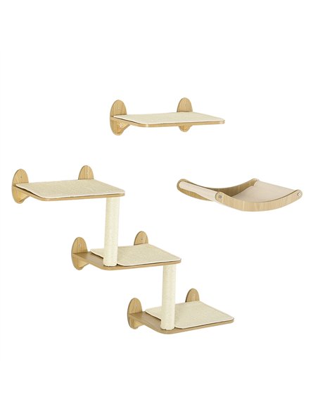 PawHut 3PCs Wall-Mounted Cat Shelves, with Jumping Platforms, Hammock, Scratching Post - Oak Tone - pic 146576 | FastDaddyshop