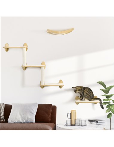 PawHut 3PCs Wall-Mounted Cat Shelves, with Jumping Platforms, Hammock, Scratching Post - Oak Tone