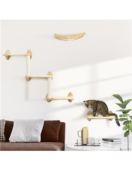 PawHut 3PCs Wall-Mounted Cat Shelves, with Jumping Platforms, Hammock, Scratching Post - Oak Tone - pic 146577 | FastDaddyshop