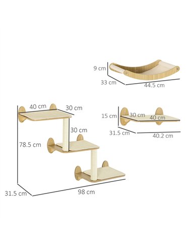 PawHut 3PCs Wall-Mounted Cat Shelves, with Jumping Platforms, Hammock, Scratching Post - Oak Tone