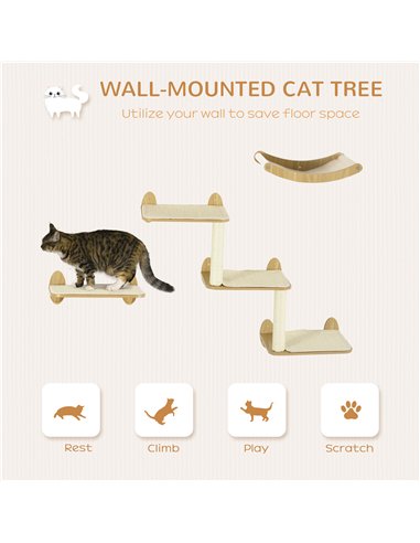 PawHut 3PCs Wall-Mounted Cat Shelves, with Jumping Platforms, Hammock, Scratching Post - Oak Tone
