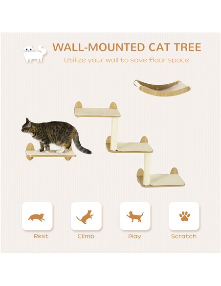 PawHut 3PCs Wall-Mounted Cat Shelves, with Jumping Platforms, Hammock, Scratching Post - Oak Tone - pic 146579 | FastDaddyshop